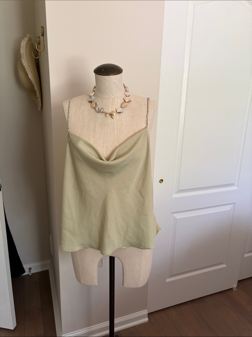 Sage Satin Cowl Neck Cami with Chain Straps